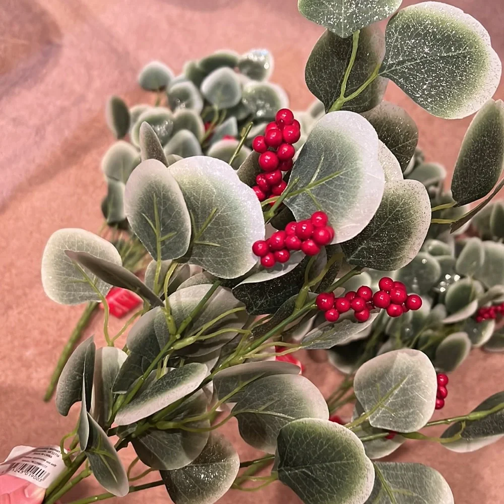 NWT 5pc Greenery & Red Berry Bush Artificial Floral arrangements sticks